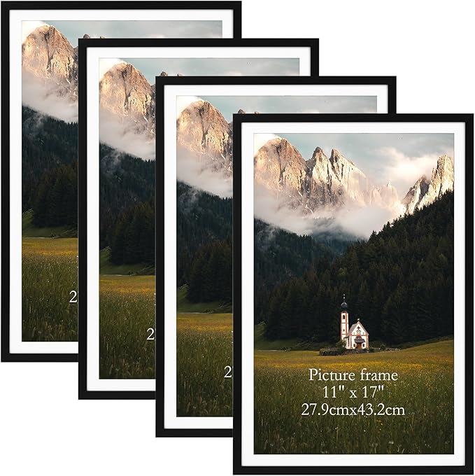 Giftgarden Black 12x18 Picture Frame Set of 4, Matted to 11x17 Picture with Mat or 18x12 Poster without Mat, Wall Hanging Display