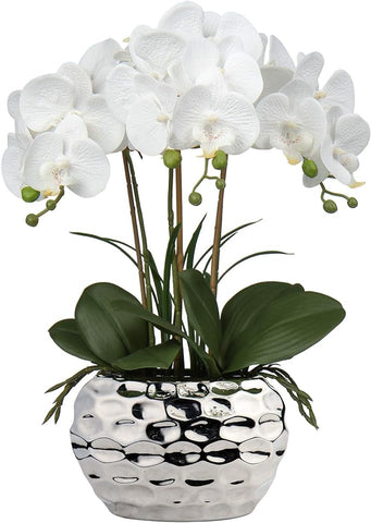 Briful Orchids Artificial Flowers 18" White Phalaenopsis Large Orchid with Silver Ceramic Pots Silk Faux Orchid Arrangement for Home Office Bathroom Living Room Table Decoration