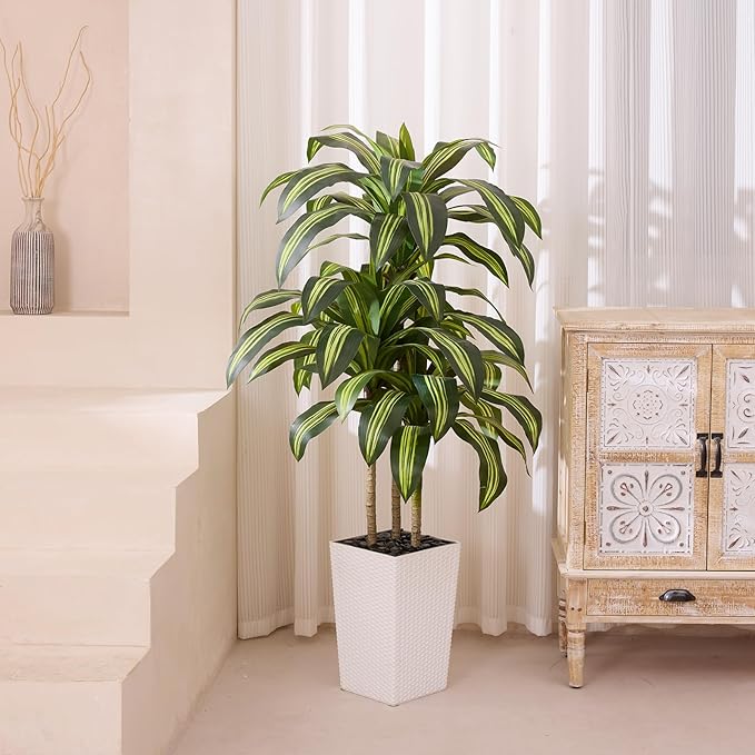 Artificial Dracaena Tree 5ft – UV Resistant Tall Fake Plant with Large Taper Planter & Pebbles– Large Potted Faux Tree for Indoor & Outdoor, Living Room, Office, Porch, Home Decor, VN127