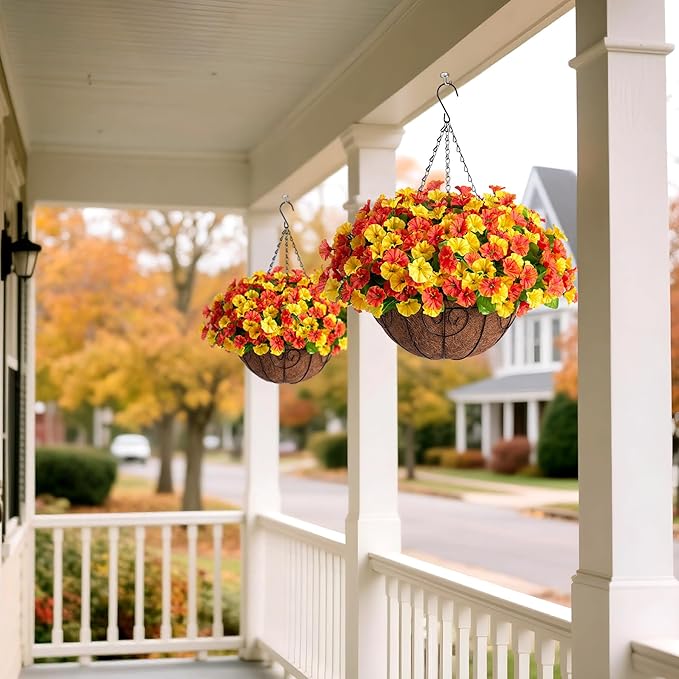 Artificial Hanging Flowers with Basket, Faux Silk Petunias Flower Arrangement, Coconut Lining with Morning Glories Fake Plants Patio Garden Porch Deck Fall Decor(Orange Yellow)