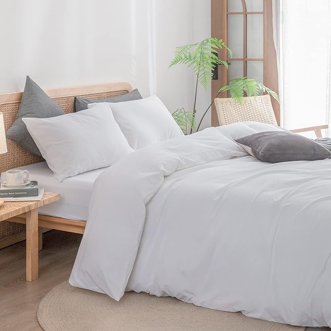 BESTOUCH Duvet Cover Set 100% Washed Cotton Linen Feel Super Soft Comfortable Chic Lightweight 3 PCs Home Bedding Set Solid Bright White Super Queen