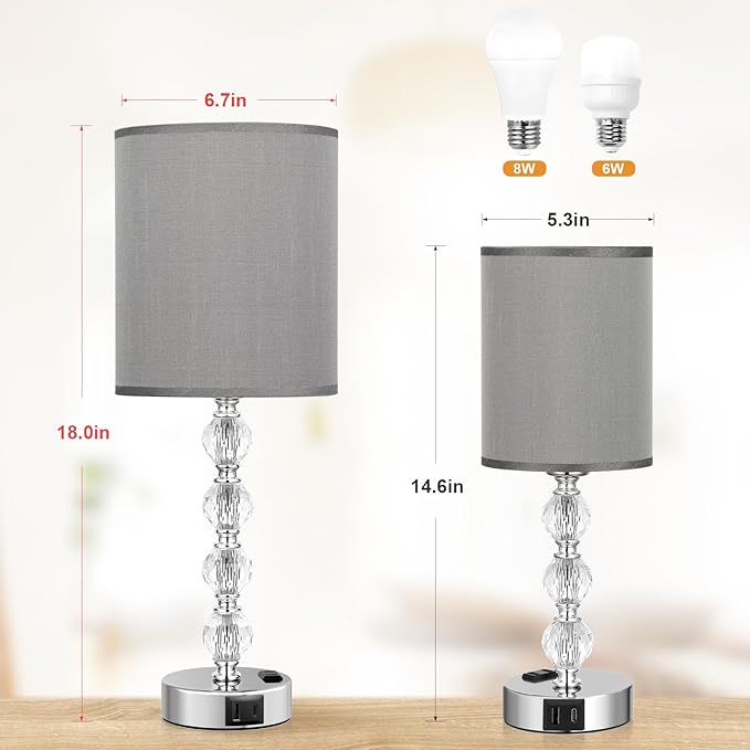 Touch Bedside Crystal Lamps for Bedrooms Nightstand with USB C+A Charging Port and AC Outlet White, 3 Way Dimmable Silver Large End Side Table Lamp for Living/Dinning Room/Kitchen/Bedroom