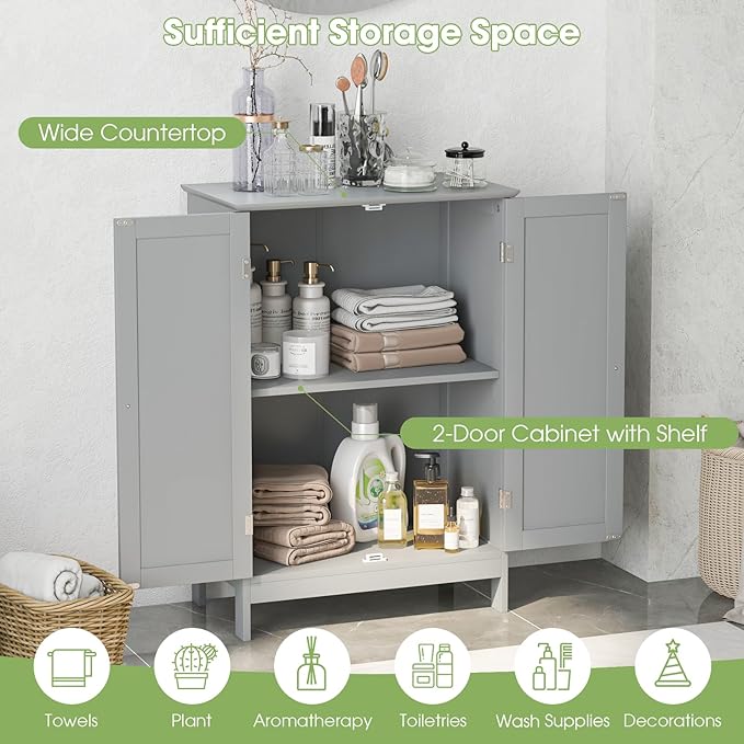 GLACER Bathroom Floor Cabinet, Wooden Storage Cabinet with Double Doors, Suitable for Bathroom, Living Room, Entryway, 23.5 x 14 x 34 inches (Grey)