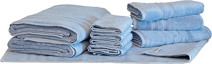 Mosobam Luxury Turkish 10pc Deluxe Bath Bundle Body Hand Face Towel and Mat Allure Blue 700 GSM & 1000 GSM Bamboo Viscose & Aegean Turkish Combed Cotton