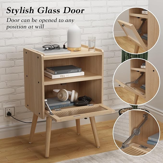 Mid Century Modern Nightstand with Charging Station, Bedside Tables with Glass Door, End Table Side Table with 2 Tiers Storage Space, for Bedroom, Living Room, Natural