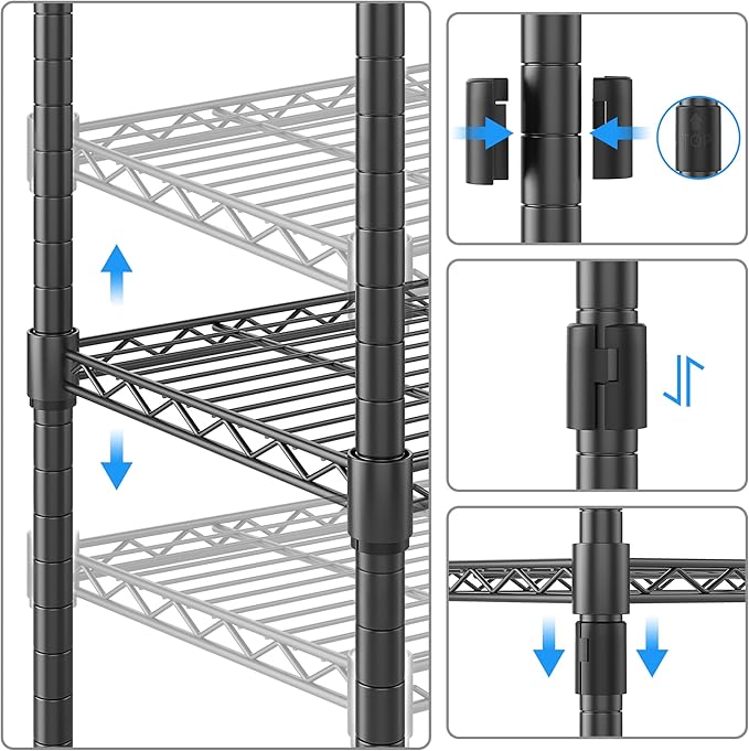 Homdox 5 Tier Metal Storage Shelves with Wheels, Heavy Duty Wire Shelving Unit, Adjustable Storage Racks with Side Hooks for Bathroom Kitchen Garage Pantry Organization, Black