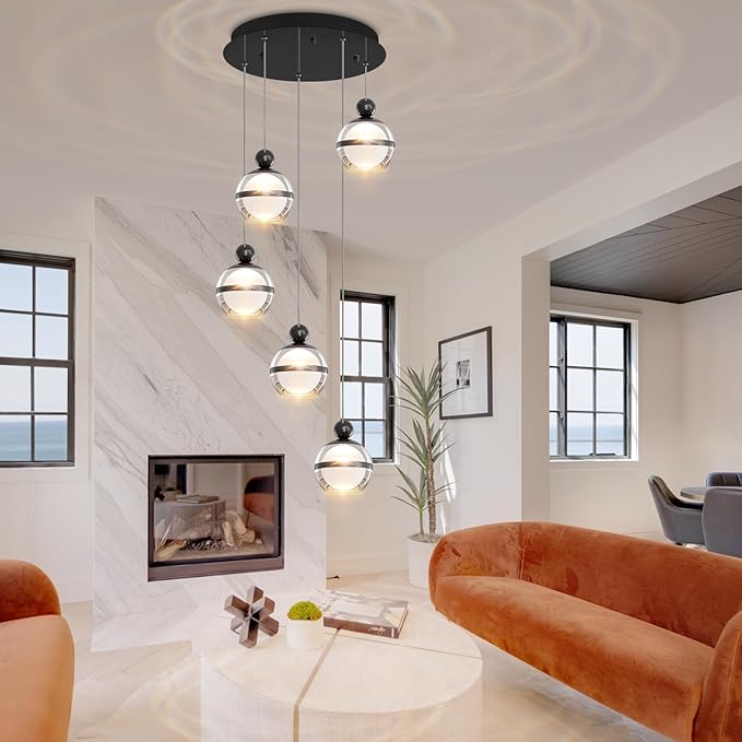 Modern Black Pendant Lighting LED Dimmable Hanging Pendant Light Fixtures Globe Cluster Pendant Lights Kitchen Island for Dining Room Living Room Bedroom Stairs 5 Lights