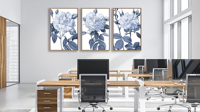 Large Framed Canvas Wall Art - Natural Float Framed Blue Gray Flowers Pictures Decor Rustic Blossom Leaves Botanical Artwork for Living Room Bedroom Kitchen Home Office Decoration 60" X 28" Set of 3