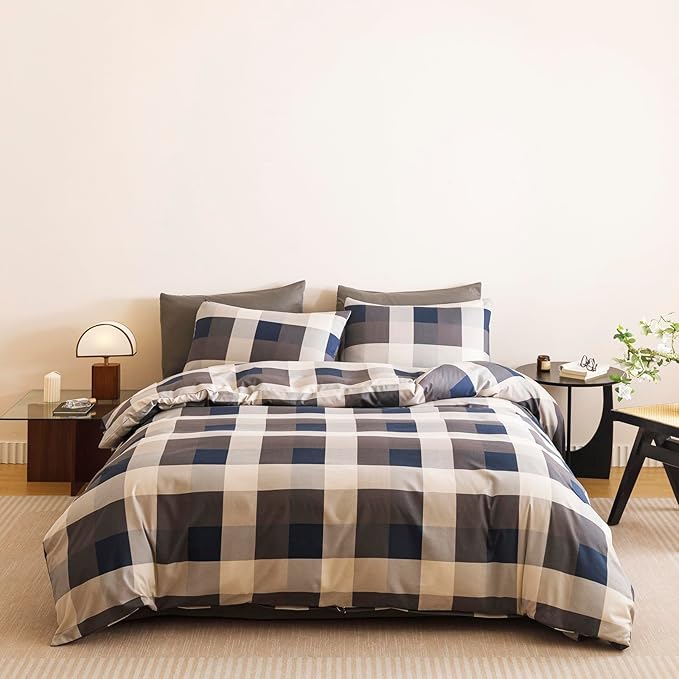 CLOTHKNOW Buffalo Plaid California King Comforter Set 3Pcs Tartan Bedding Comforter Sets Blue Grey Khaki Brown Beige Geometric Comforter Cal King Sets with 2 Pillowcases