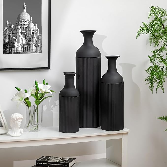 Sziqiqi Black Tall Ribbed Modern Metal Vase Trio - Large 27" Tall x 20" Wide x 16" Deep for Living Room, Bedroom, Kitchen, Corridor