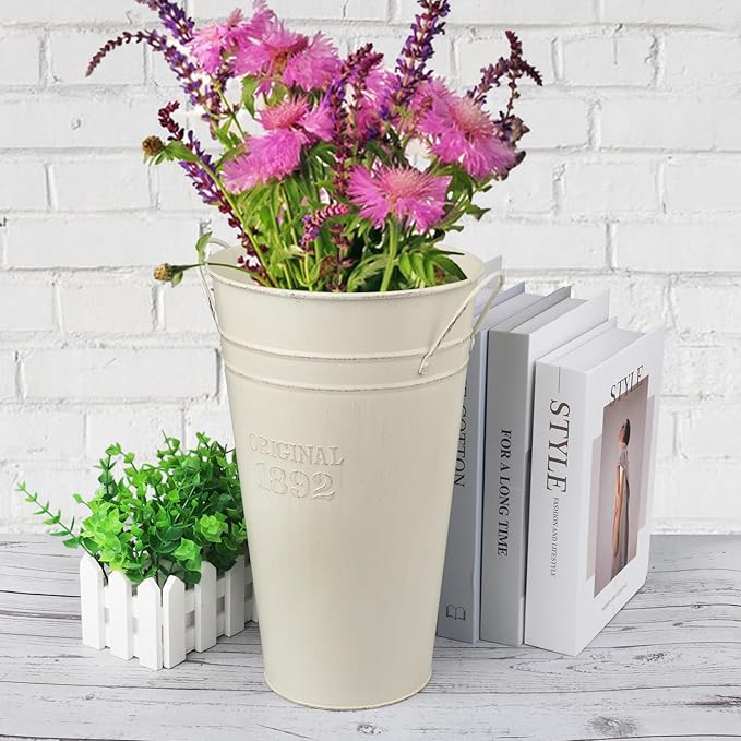 3 PCS 12 Inch Rustic Galvanized Flower Vases, Farmhouse French Buckets for Beautiful Floral Arrangements, Home Decor or Weddings and Events