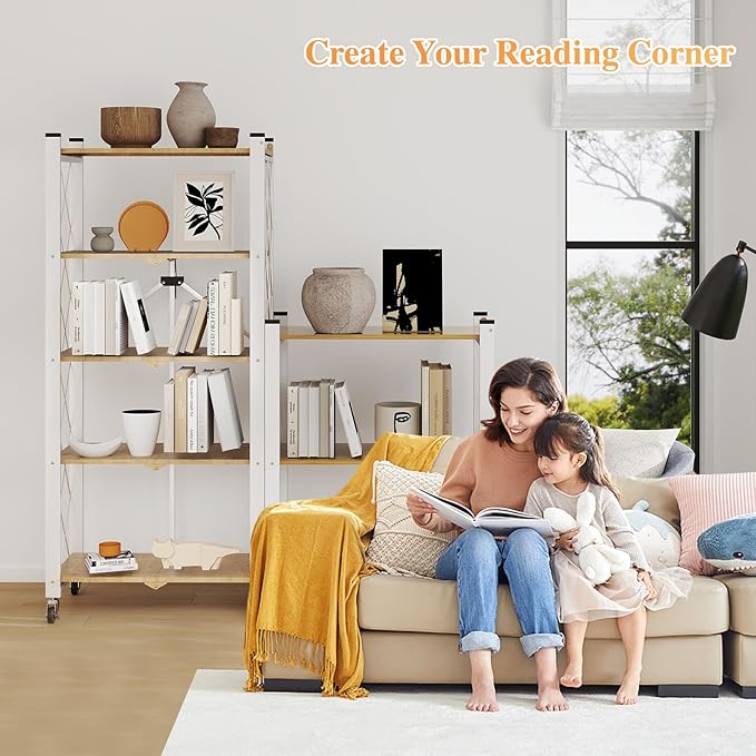 BAOYOUNI 3-Tier Vintage Industrial Bookshelf - No Assembly Folding Storage Shelf with Woodgrain Finish | Collapsible Metal Bookcase for Living Room, Office & Bedroom