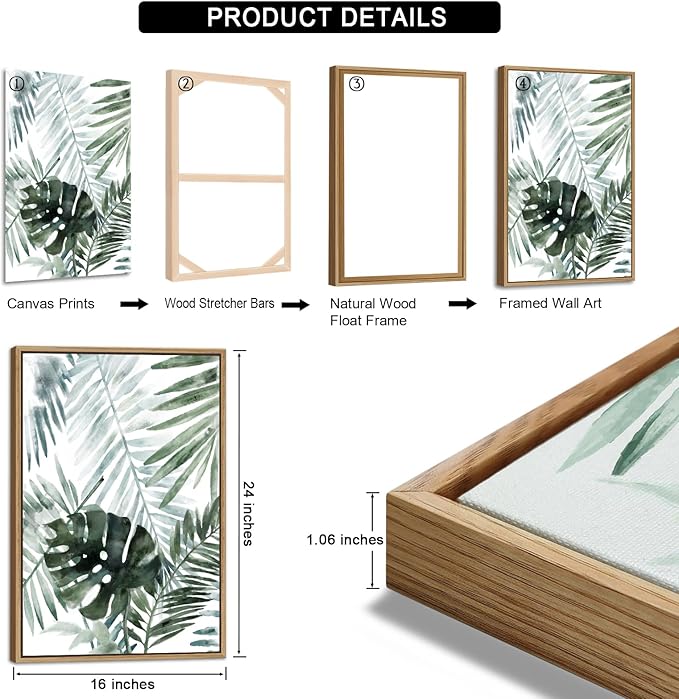 Large Framed Canvas Wall Art - Natural Float Framed Tropic Leaf Pictures Wall Art Prints for Living Room Decor Green Plants Artwork for Bedroom Kitchen Home Office Decoration 48" X 24" Set of 3