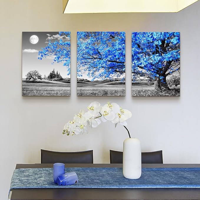 DZRWUBHS Canvas Wall Art For Living Room Modern Wall Decor For Office Black And White Blue Tree Wall Painting Scenery Wall Pictures Artwork For Bedroom Room Home Decor Prints Art 16" X 24" 3 Piece