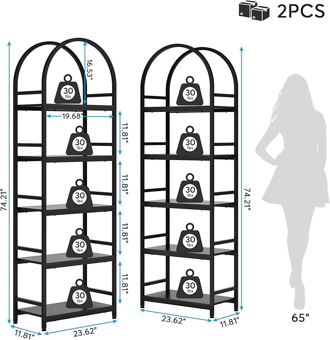 Tribesigns 5-Tier Open Bookshelf Set of 2, 74.4" Wood Bookcase Storage Shelves with Metal Frame, Freestanding Display Rack Tall Shelving Unit for Office, Bedroom, Living Room (Black, 2PCS)