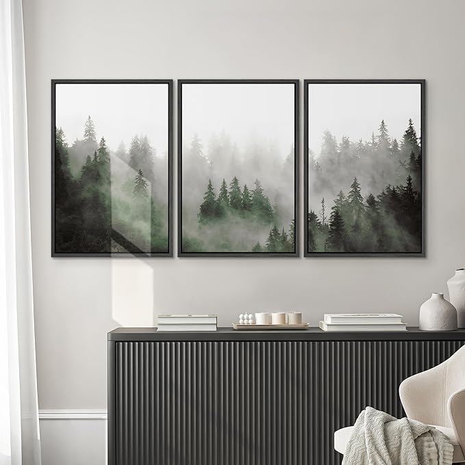 SIGNWIN Framed Canvas Print Wall Art Woodland Nursery Decor Set Fog & Mist Over Green Pine Tree Forest Nature Wilderness Modern Art Chic Landscape for Living Room, Bedroom, Office - 16"x24"x3 Black