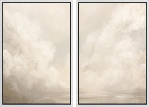 MUDECOR Framed Canvas Print Wall Art Neutral Cloudscape Soft Abstract Sky Illustrations Modern Art Decorative Bohemian Colorful Chic for Living Room, Bedroom, Office - 16"x24"x2 White
