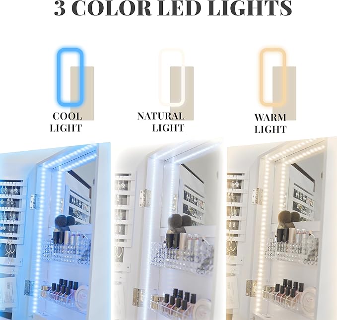 Mirror Jewelry Cabinet Standing, 360° Swivel Jewelry Armoire with LED Lights, Lockable Jewelry Organizer with Full-Length Mirror for Wonen, White