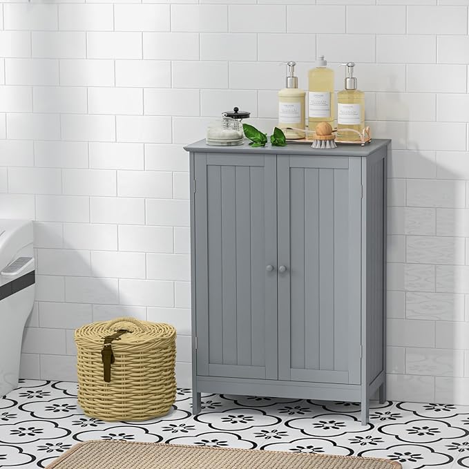GLACER Bathroom Floor Cabinet, Wooden Storage Cabinet with Double Doors, Suitable for Bathroom, Living Room, Entryway, 23.5 x 14 x 34 inches (Grey)