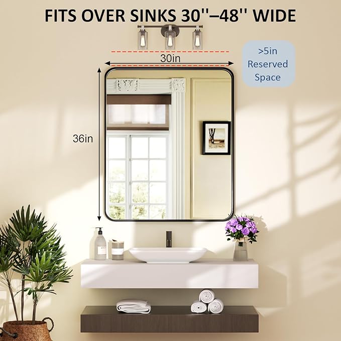 30×36 Framed Mirrors for Wall - Rectangle Black Vanity Mirror with Tempered Glass & Rounded Corners for Bathroom Sink, Bedroom, Hallway, Restroom, Rustproof Frame, Horizontal/Vertical, Modern