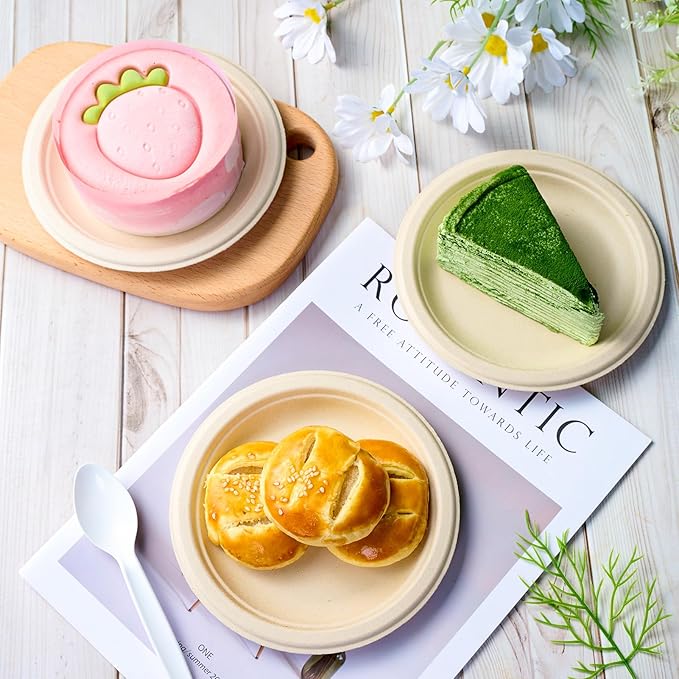 ECOLipak 6 Inch Disposable Compostable Small Paper Plates, 200 Pack Recycled Sugarcane Bagasse Biodegradable Heavy Duty Mini Dinner Appetizer Cake Dessert Plates for Party(Nature)