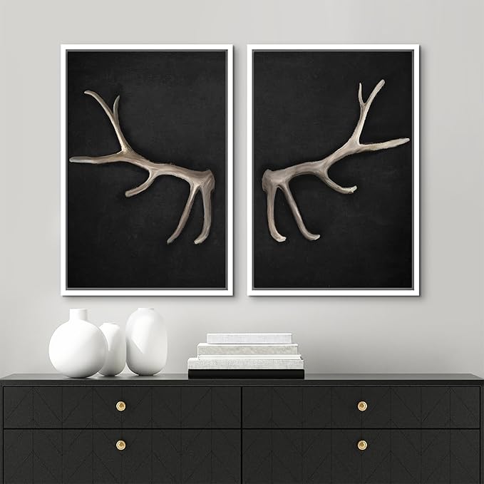 MUDECOR Framed Canvas Print Wall Art Rustic Antler Minimalist Antler Illustrations Modern Art Decorative Bohemian Colorful Chic for Living Room, Bedroom, Office - 16"x24"x2 White