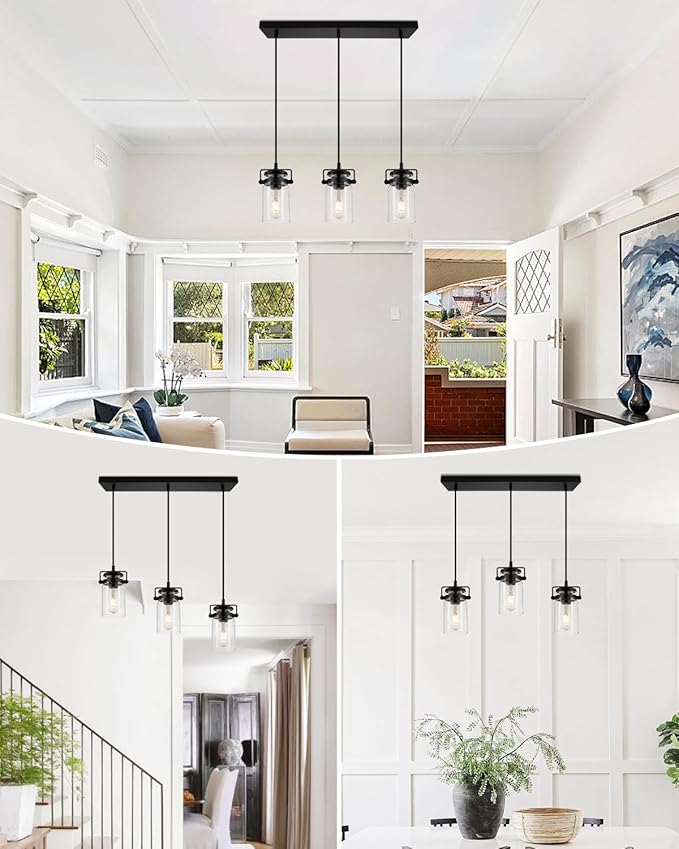 Pendant Lighting for Kitchen Island, Modern Glass Pendant Light Linear Chandelier for Dining Room Industrial Hanging, 3 Light Fixture Adjustable Cord Farmhouse Ceiling Light Black Finish