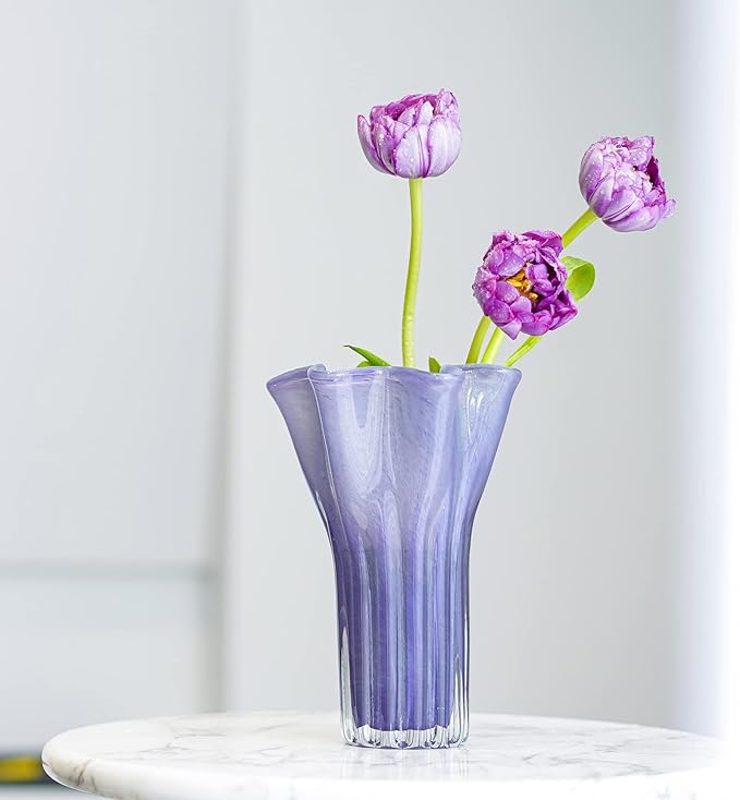 8'' Blown Glass Flower Vase for Home Wedding Modern Centerpieces Decorative (Purple)