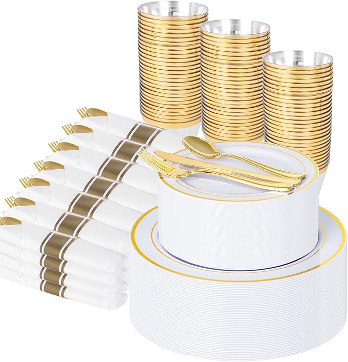 WELLIFE 350-Piece Gold Disposable Plates and Cutlery Set - Premium 10.25" Dinner Plates, 7.5" Dessert Plates, 9oz Cups & Cutlery for Weddings, Catering Events - 50 Guest Service - Elegant & Sturdy
