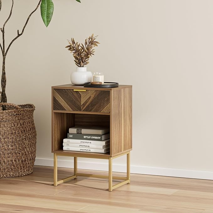 Masupu Nightstand,Modern Night Stand Boho Farmhouse Wood Bedside Table with Storage Drawer Side End Table for Bedroom,Living Room,Office,Walnut Brown