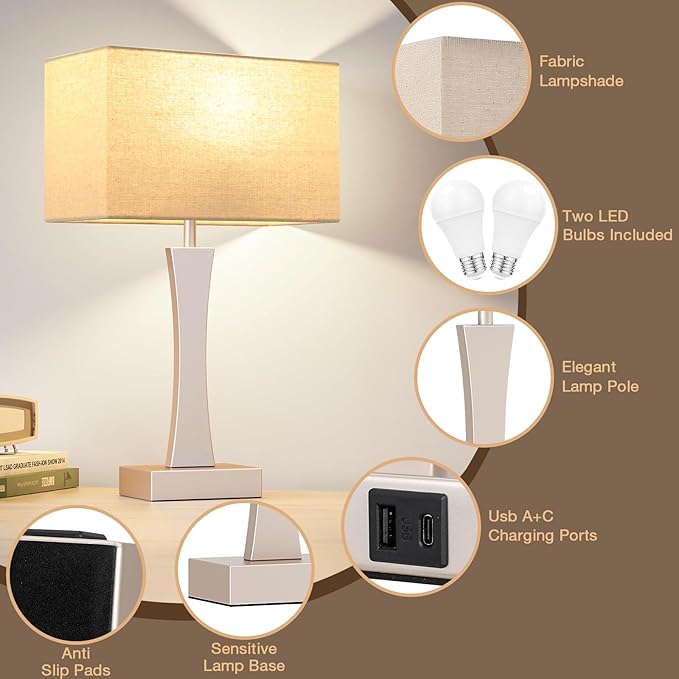 Bedside Lamps for Night Stands - 3 Way Dimmable Table Lamp for Bedroom with USB C+A Ports,Modern Bedside Lamps Set of 2, Touch Lamps for Nightstands(Mocha Gold)
