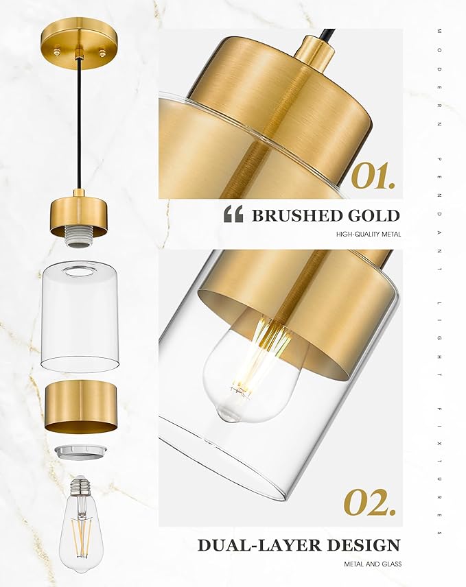 2-Pack Pendant Lights Kitchen Island, Brushed Gold Dual Shade Hanging Lights Fixtures with Metal and Clear Glass, Brass Kitchen Pendant Lighting Over Island for Dining Room, AD-24022-1P2-GD