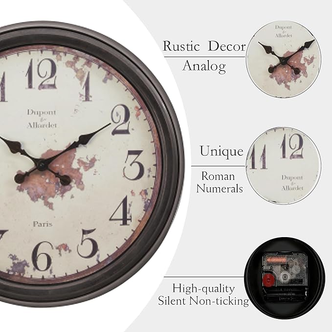 20 Inch Vintage Wall Clock, Farmhouse Wood Silent Non-Ticking, Battery Operated Retro Round Decorative Clock for Kitchen, Living Room, Bedroom,Office,Beige Brown