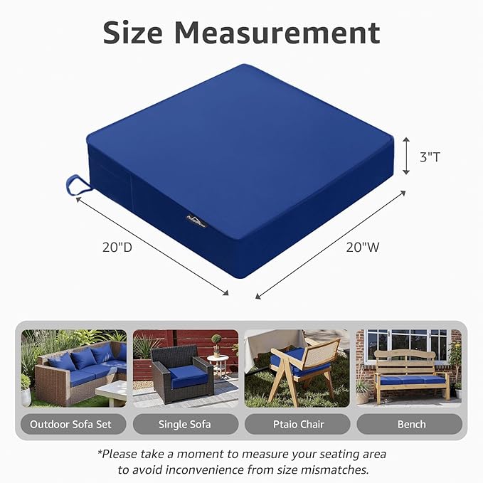 Outdoor Chair Cushions 22 x 22 x 3 Inch, Waterproof & Fade Resistant Patio Seat Cushion for Furniture with Handle and Ties, Thick Seating Pads for Outside Sofa Couch Set of 2, Blue