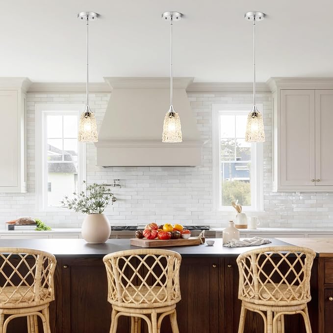 Brushed Nickel Pendant Lights Kitchen Island, 1-Light Hammered Glass Pendant Light Fixtures with Clear Glass and Rods, Modern Hanging Light for Kitchen Sink Dining Room Bedroom, E26