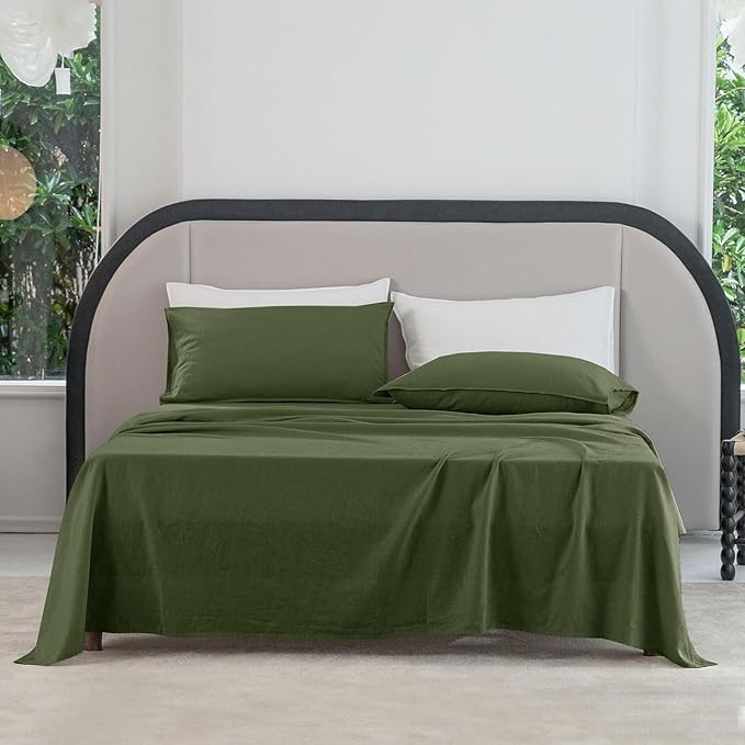 Talasily Linen Sheets-Queen Size Sheets Set,Blend from Linen Cotton Bedsheets,All Seasons Soft Breathable 4 Piece Set-Mossy Green