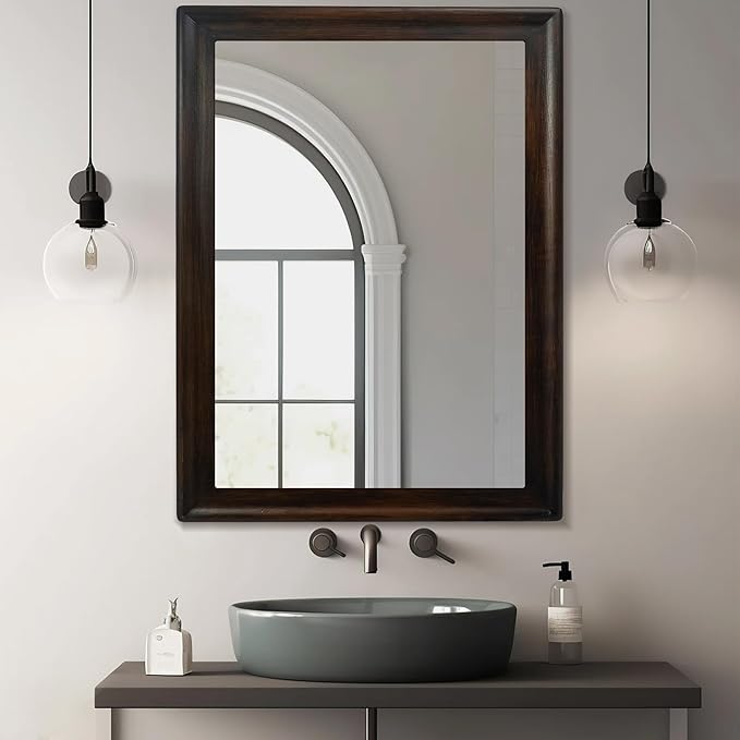 CULER Rustic Wood Wall Mirror for Bathroom,Rectangle Large 30 x 40 inch Hanging Vanity Black Mirrors with Wooden Frame for Living Room,Bedroom,Entryway(Dark Walnut)
