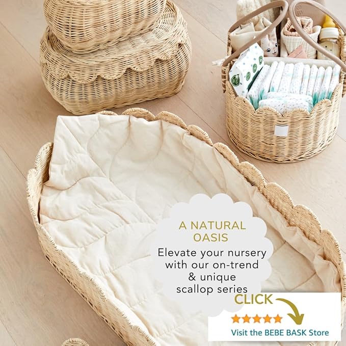 BEBE BASK Premium Baby Diaper Caddy Organizer - Handmade & Award-Winning Scalloped Rattan Basket - Luxury Diaper Caddy Basket - Elegant Scalloped Edge (Natural)