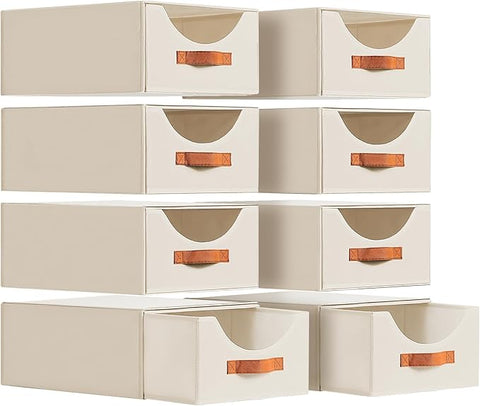 Large Closet Organizers and Storage - Stackable Storage Bins with Drawer, Fabric Containers for Organizing, Collapsible Organizer Bins for Bedroom, 8 Pack, Beige