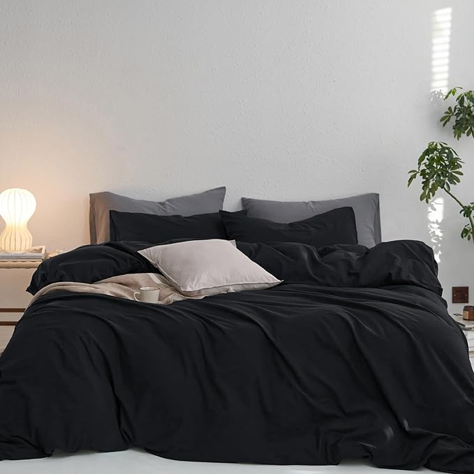 MooMee King Duvet Cover Set, 100% Washed Cotton Linen Like Twill Thick Sturdy Material Super Soft Breathable Durable Bedding for All Season, 3 Pieces (Black, King 104"x90")