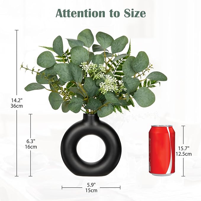 Artificial Eucalyptus Stems in Ceramic Vase 14.23" Fake Eucalyptus Plant Decor Black Donut Vase with Greenery Centerpiece Table Decorations Small Faux Green Plant for Home Farmhouse Wedding Table
