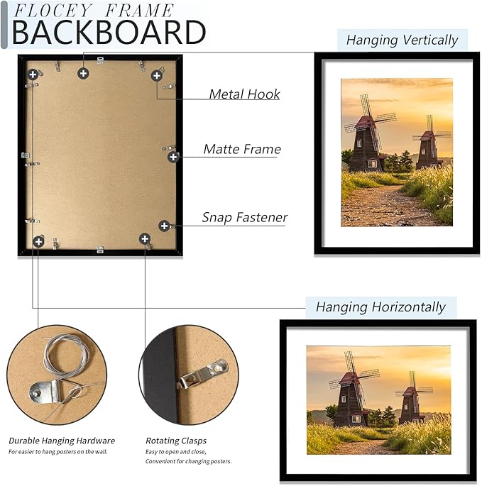 24x30 Picture Frame Set of 5, Black Poster Frame, Display Pictures 18 x 24 with Mat or 20 x 30 Without Mat for Horizontal or Vertical Wall Mounting, Wall Gallery Frame