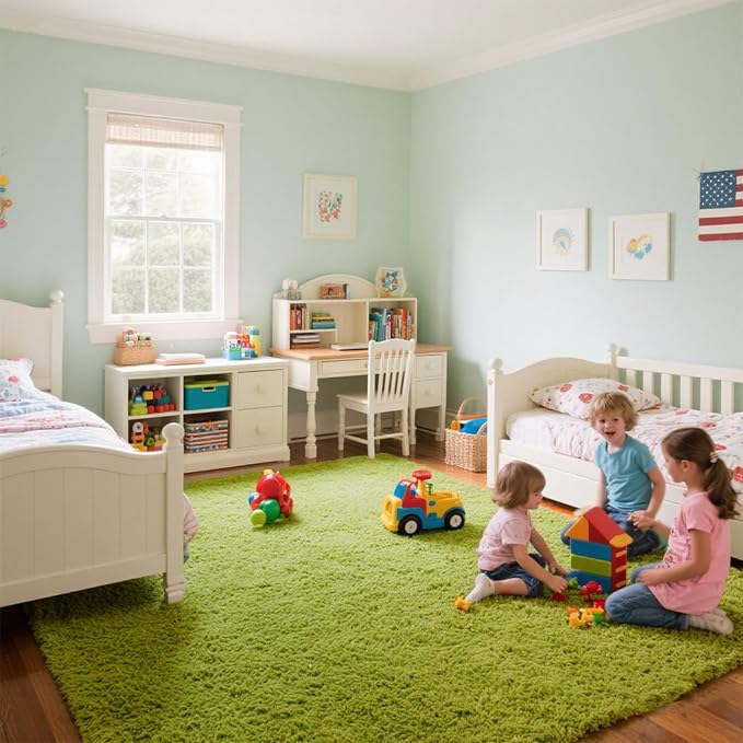 Green Grass Area Rugs for Bedroom Living Room, 9x12 Fluffy Fuzzy Shaggy Carpet for Kids Playroom Nursery Room, Thick Soft Plush Mat for Kids Baby Boys Teen Dorm Home Decor Aesthetic
