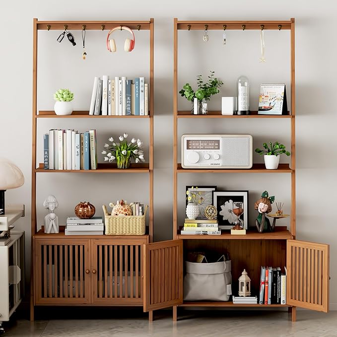 Bookcase with Drawers, 4-Tier Bamboo Bookshelf Ladder Shelf with 6 Hooks, Tall Narrow Retro Book Shelf, 24.8"L x 10.6"W x 59.5"H, Standing Storage Organizer for Living Room, Office, Bedroom, Walnut