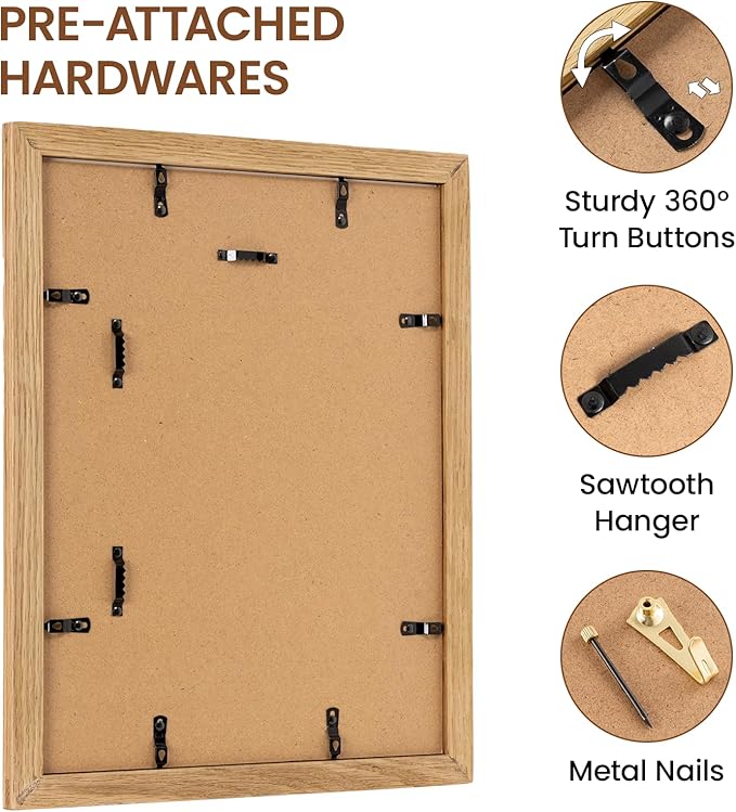 11x14 Picture Frame, Natural Solid Wooden Picture Frames with Tempered Glass, Display 8x10 with Mat or 11 x 14 Without, Vertical or Horizontal Wall Hanging Photo Frame, Natural Oak Color, 3 Pack