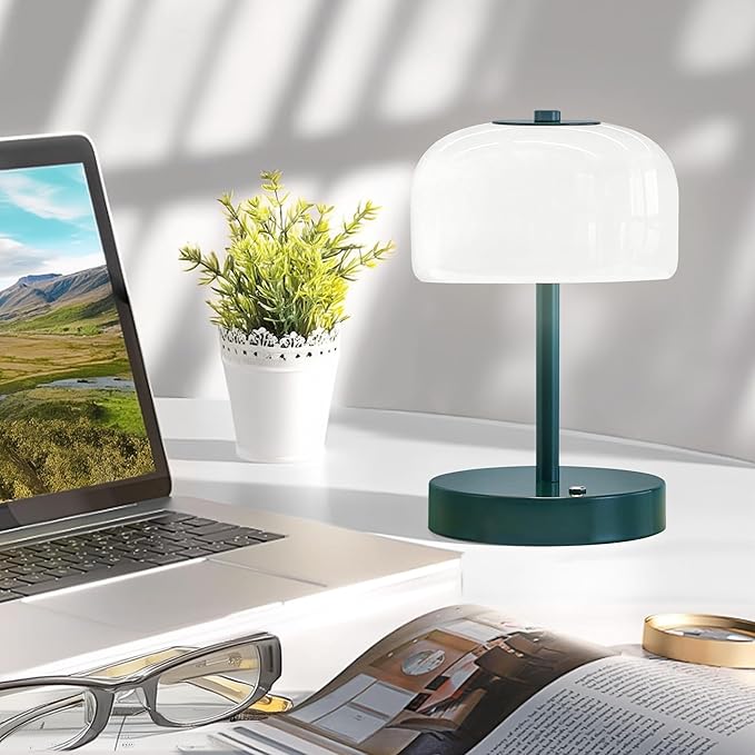 Oneach Portable Cordless Table Lamp, Rechargeable Battery Powered Lamp with Opal Glass Shade, 3-Way Dimmable LED Touch Mushroom Table Lamp for Bedroom, Bedside, Living Room, Dining Room, Patio, Blue