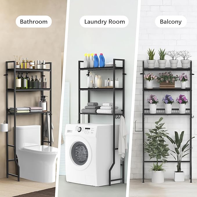 Over The Toilet Storage 3 Tier Over Toilet Bathroom Organizer Wooden Bathroom Space Saver Freestanding Above Toilet Stand with 4 Hooks Black Over The Toilet Rack for Restroom, Laundry