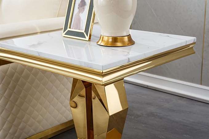 SSLine Modern White Faux Marble End Table Luxury Square Sofa Side Table with Gold Pedestal Base Mid-Century Elegant Bedside Table w/Mirrored Stainless Steel Frame for Living Room Bedroom