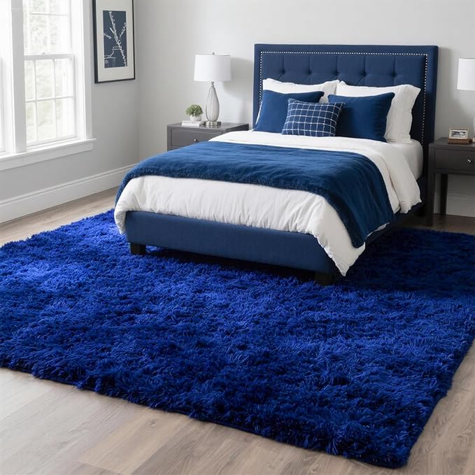 Small Bedside Rug, 3x5 Non Slip Fluffy Shaggy Entryway Throw Rugs for Bedroom Living Room, Indoor Floor Carpet for Kids Girls and Boys, Nursery Rooms Mat, Home Decor Aesthetic, Blue