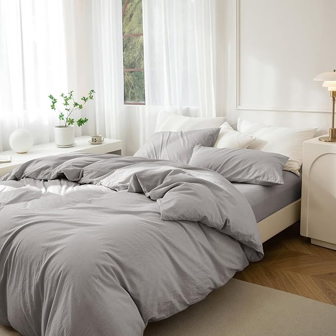 JIYUAN 100% Washed Cotton Duvet Cover Set 2 Pieces Twin, 1 Duvet Cover 68x90 Inches(Comforter Not Included) and 1 Pillowcases,Linen Feel Bedding Set Comfy and Breathable, Heathered Pastel Grey